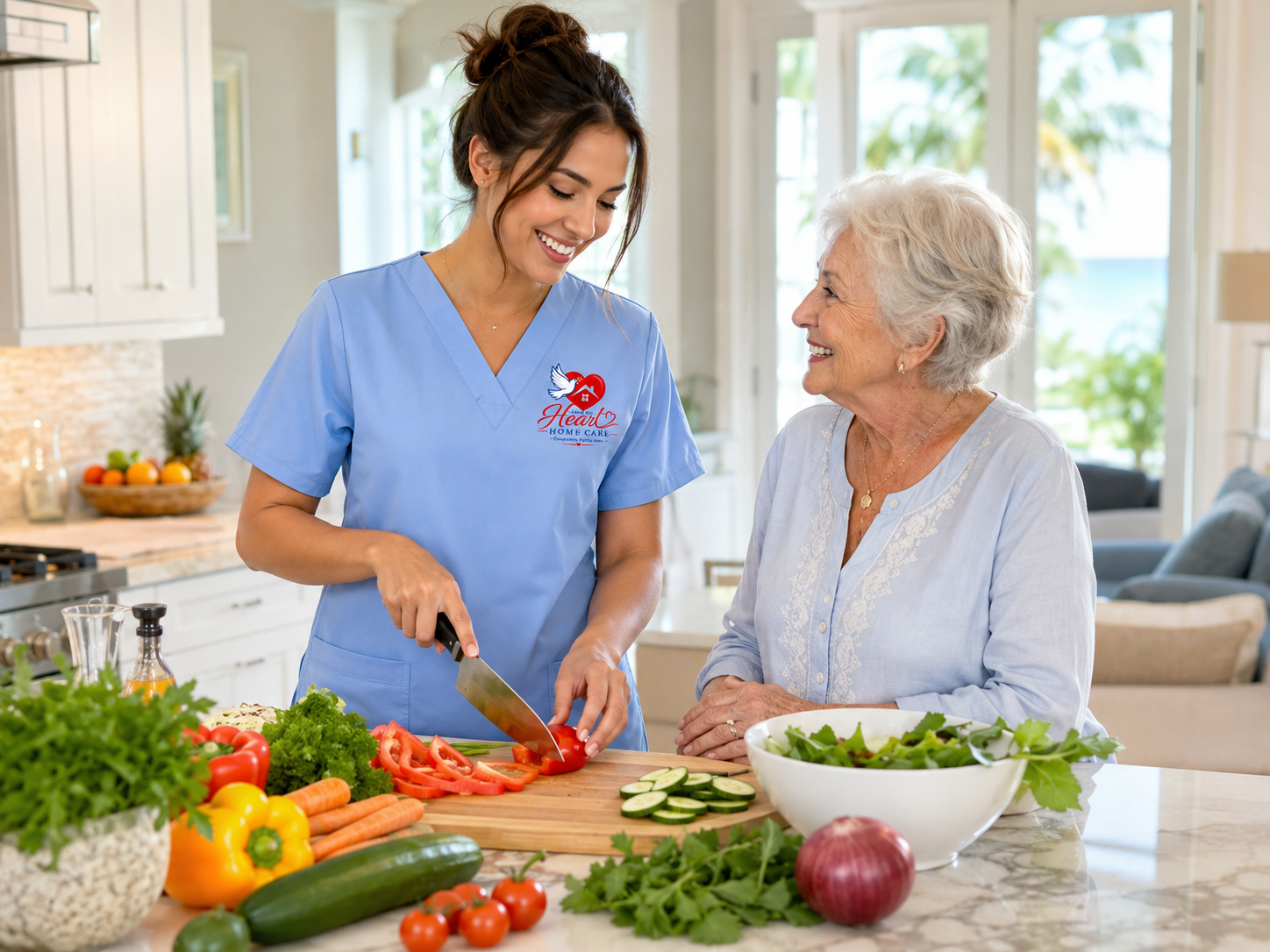 Caregiver and client preparing a meal together in a bright kitchen