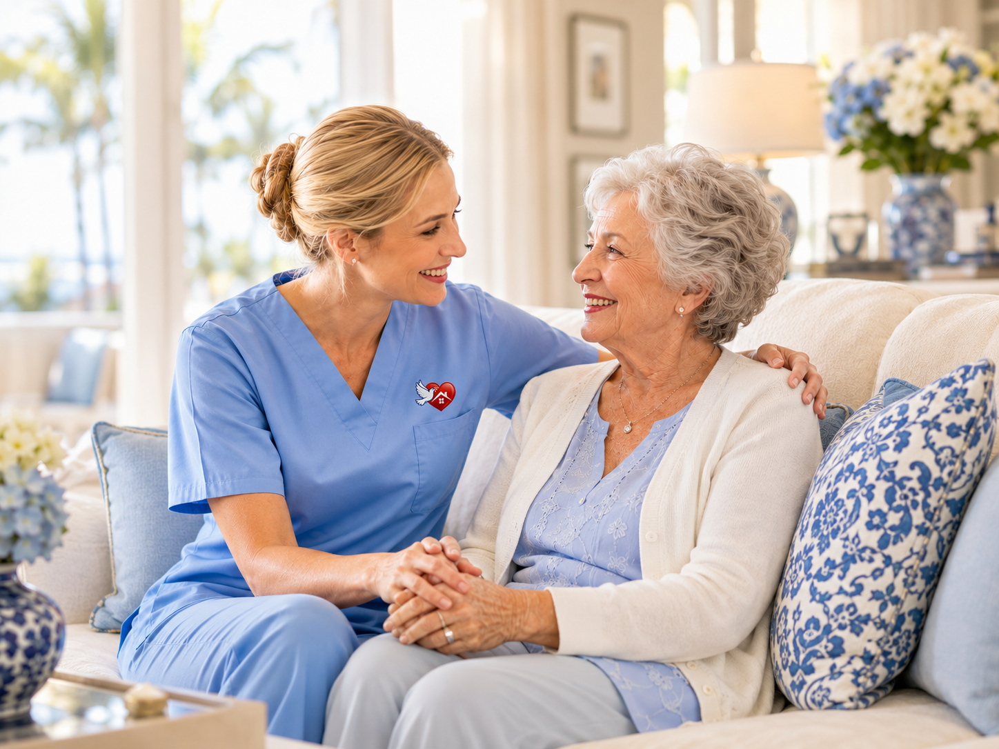 Caregiver sharing a warm moment with a client over tea